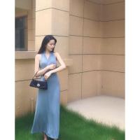 晚时光2021 夏 晚风复古蓝色露背收腰绑带连衣裙长裙度假海边裙 豆沙蓝(色差难免) S.M等几天 S