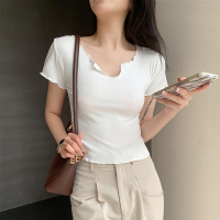 他伴短袖t恤女夏季新款短款修身V领性感小心机露脐上衣ins潮白色 白色 S