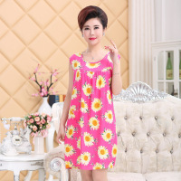 夏季中老年人睡衣女士棉绸妈妈睡裙绵绸薄款加肥大码人造棉连衣裙 玫红向日葵-无袖 均码(100-160斤)