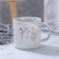 大理石纹ins马克杯伴手礼北欧简约陶瓷杯子礼物情侣咖啡杯带盖勺 D款 灰色字母 矮杯