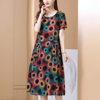 2021新款高端棉绸连衣裙外穿中老年女装妈妈夏装过膝人造棉长裙子 1号色 XL 建议100-115斤