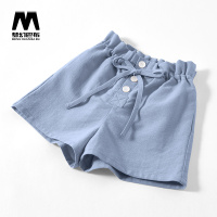 女童短裤外穿薄款儿童夏装洋气轻薄裙裤宝宝夏季全棉透气休闲裤子 系带纽扣-蓝色 100cm