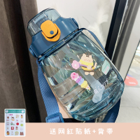 儿童水壶幼儿园宝宝家用水杯外出大容量小学生直饮吸管杯喝水夏天 湛蓝色1000ml送贴纸(款式随机)+吸管+背带