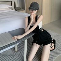 背带裤女夏季薄款小个子高腰工装休闲裤宽松阔腿短裤黑色抽绳裤子 黑色 均码