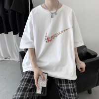 胖胖哥港风情侣短袖T恤男2021新款国潮印花大码半袖夏季宽松上衣 白色 S