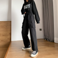 束脚工装裤女春秋夏直筒宽松2021新款高腰显瘦ins潮小个子休闲裤 黑色 S