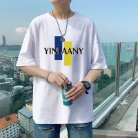 港风男装五分袖体恤夏季潮流宽松印花半袖衣服男圆领短袖t恤上衣 双杠字母(白色) M