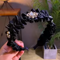 韩国新款发卡发箍褶皱布艺镶钻珍珠头饰发卡女士时尚发饰头箍发捆 黑色