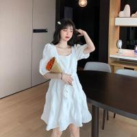 大码女装仙气连衣裙早春盐系穿搭小个子胖mm闺蜜装遮肚显瘦裙子夏 白色短款 M[建议80-100斤]