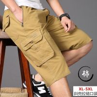 夏季男装大码休闲七分裤男肥佬中老年宽松多袋工装短裤中裤棉松紧 卡其815款 XL 适合100-120斤