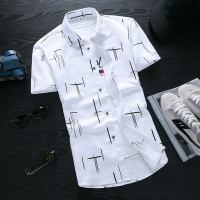夏季白色短袖衬衫男士韩版修身青少年格子衫衬衣潮男装半袖衬衣男 6655白色 S