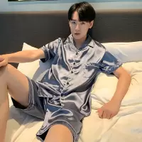 睡衣男夏季短袖短裤冰丝薄款韩版卡通男士丝绸家居服两件套装大码 男短 维维灰蓝 L码(90-120斤)