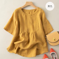 宽松减龄娃娃衫女夏季薄款短袖棉麻T恤大码女装休闲圆领亚麻上衣 黄色 M 建议108斤以下