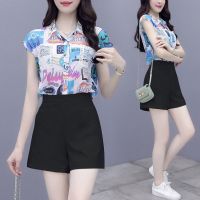 雪纺衫短裤套装女夏季2021年新款时尚洋气质女神范职业装两件套潮 浅蓝上衣+黑色短裤 8128款 S[建议95斤内]