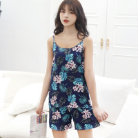 睡衣女夏季棉绸短袖吊带两件套装薄款背心2021新款人造棉家居服 清凉繁花 M（80-100斤左右）