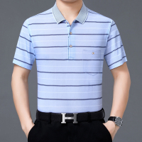 爸爸夏装短袖T恤中老年人父亲节男士冰丝棉上衣老爸衣服爷爷装潮 2913蓝色 165/48/M