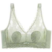 夏天超薄法式内衣显胸小薄款夏蕾丝无钢圈文胸罩女缩胸显瘦防下垂 2代果绿单件 34A/75A[超薄不凸点]