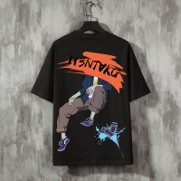 夏季2021新款男体恤港风潮牌潮流学生后背印花宽松大码半袖T恤男c 黑色 S