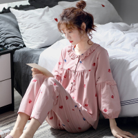 睡衣女秋冬季长袖开衫中老年春夏加大码家居服套装春秋月子可外穿 花边桃心-LR M