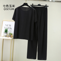 妈妈夏季冰丝套装女2021夏宽松短袖t恤外穿休闲上衣阔腿裤两件套 黑色 均码建议90-150斤