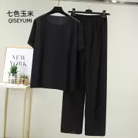 妈妈夏季冰丝套装女2021夏宽松短袖t恤外穿休闲上衣阔腿裤两件套 黑色 均码建议90-150斤