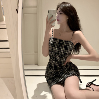 甜辣夏套装胖mm大码女装2021年夏季新款抽绳显瘦褶皱吊带连衣裙女 格子吊带 S码[建议80-90斤]