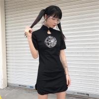 夏季韩版ins原宿暗黑风复古重工龙刺绣旗袍学生休闲修身连衣裙女 黑色 S