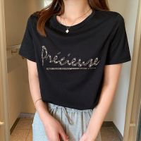 串珠钉珠亮钻字母T恤女2021年夏季新款韩版学生圆领短袖上衣ins潮 黑色 XS