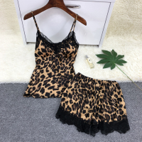 睡衣女夏季薄款冰丝绸性感吊带睡裙睡裤蕾丝情趣豹纹激情两件套装 豹纹黄 XXL