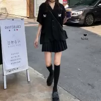 大码女装两件套夏季2021新款微胖妹妹mm黑色衬衫百褶裙炸街套装潮 百褶裙 S码【90-100斤】