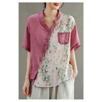 品牌折扣女装专柜撤柜尾货清仓棉麻衬衫女斜襟衬衣亚麻小衫上衣夏 深粉色 M