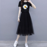 小雏菊套装连衣裙女夏2021新款t恤两件套裙子网纱裙女学生半身裙 黑衣+黑色裙 S