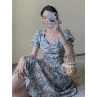 胖mm大码女装油画气质碎花裙夏季小雏菊泡泡袖收腰显瘦开叉连衣裙 雏菊连衣裙 M[90-100斤]