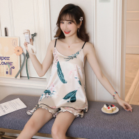 带胸垫睡衣夏季冰丝薄款女士性感吊带两件套装宽松夏天丝绸家居服 HS吊带套装832-1白底绿叶 M