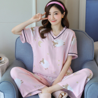 米莱熙棉绸睡衣女士套装夏季短袖长裤绵绸家居服V领套头春秋薄款 AQ短长V领21H01 M