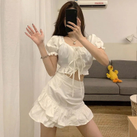 2021夏季绑带露脐短款T恤+高腰荷叶边半身裙套装女学生时尚两件套 白色两件套 S