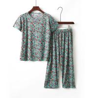 中老年妈妈夏装棉绸奶奶装套装薄款短袖碎花上衣两件套老人衣服女 浅蓝小红花 XL(建议100-115斤穿)