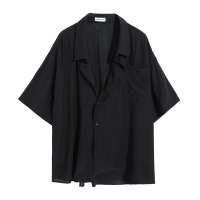 西西里男装褶皱衬衫男夏季短袖宽松短裤潮流韩版帅气男士休闲套装 黑色上衣 M