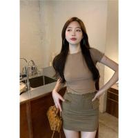 辣妹复古高腰直筒超短裙女夏季2021新款一步裙显瘦包臀半身裙T恤 卡其色上衣 均码