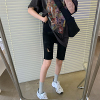 短裤女夏季高腰骑行裤子中裤新款修身五分裤显瘦黑色破洞牛仔裤潮 黑色 L