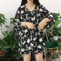 雪纺女士连衣裙女夏季2021年新款小个子薄款时尚短裤两件套套装潮 黑猫咪 L