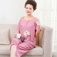 夏季中老年人睡衣女棉麻妈妈款短袖中年老人大码人造棉绵绸套装 扣子荷花粉(裤子七分) XXXL[适合140-160斤]