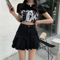 黑色辣妹牛仔半身裙女夏2021新款高腰百搭胖mm大码显瘦百褶短裙潮 黑色 S码[ 85-100斤]