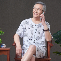 中老年男装爸爸装睡衣老爷子夏季家居服棉绸短袖开衫居家服套装 6号色 XL(建议100-125斤左右)