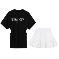 大码女装胖妹妹小心机镂空开叉拉链短袖T恤字母上衣+蓬蓬短裙套装 黑色t M