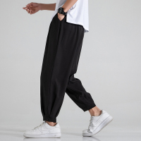 胖胖哥宽松束脚休闲裤男夏季薄款冰丝日系九分裤潮流大码百搭裤子 黑色 M