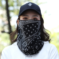 户外防晒面罩挂耳冰丝面巾女款脖套围脖夏季薄款护颈脖子遮全脸薄 腰果花 黑色(今日送防晒袖套)
