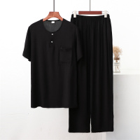 男中老年棉绸睡衣男夏季薄款短袖夏天套装人造棉家居服长裤两件套 黑色 XXL
