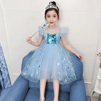 女宝宝夏装2020新款女童连衣裙夏季儿童爱莎公主裙小孩蓬蓬纱裙子 蓝色 90码建议身高90cm左右