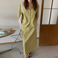 韩国chic简约V领宽松单排扣短袖西装外套+高腰直筒半身裙长裙套装 黄半身裙m 均码